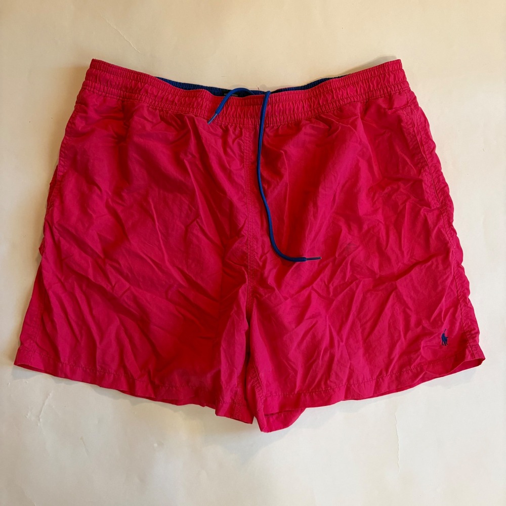 Polo Ralph Lauren Mens XXL Pink Nylon Swim Trunks Mesh Lined Vintage Blue Pony